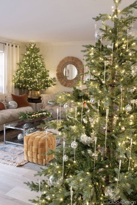 Christmas home tour with disco balls and bows - Cuckoo4Design Kitchen Into Living Room, Homes Decorated For Christmas, Two Christmas Trees, Handmade Gifts Christmas, Mantel Christmas, Winter Decorating Ideas, Christmas Home Tours, Christmas Trees Decorated, Simple Diys