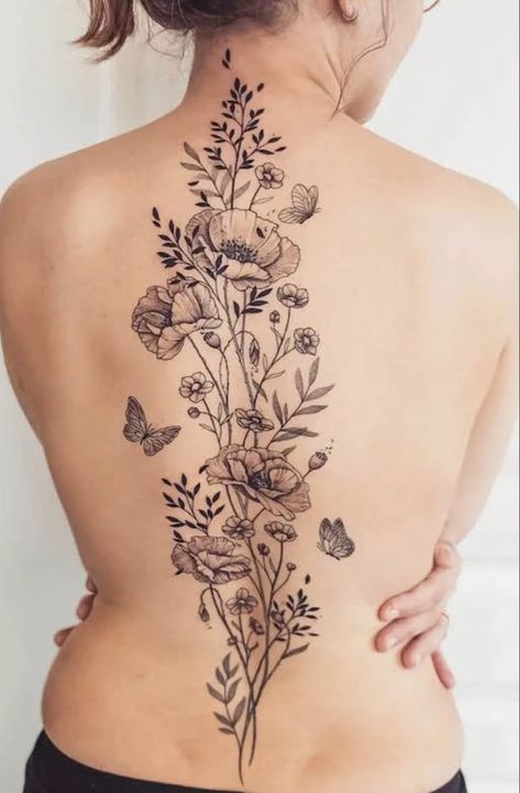 Back Tattoo Women Spine, Floral Back Tattoos, Flower Spine Tattoos, Back Tattoo Ideas, Tattoos To Cover Scars, Flower Tattoo Back, Tattoos For Women Flowers, Full Back Tattoos, Tattoo Back