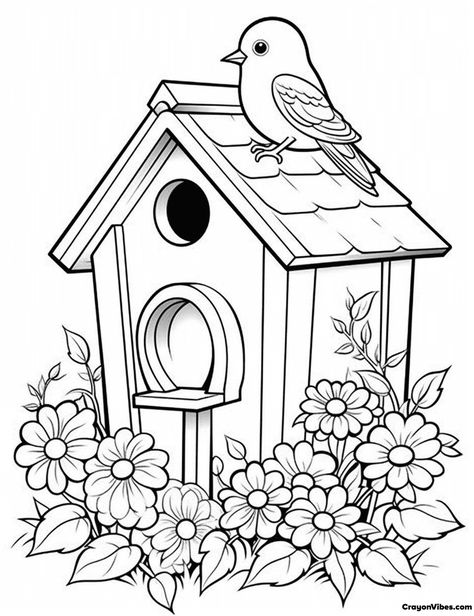 Bird Houses Drawing, Bird House Tattoo Ideas, Boho Coloring Pages Free Printable, Farmhouse Coloring Pages, Bird House Drawing, Birdhouse Coloring Pages, Birdhouse Sketch Drawings, Bird House Coloring Pages, Coloring Pages Garden