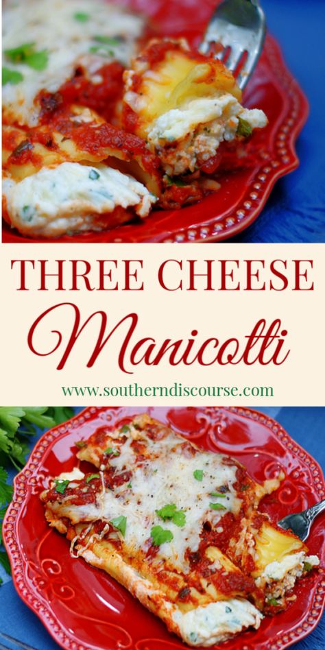 Classic 3 Cheese Baked Manicotti - a southern discourse Best Manicotti Recipe Cheese, Manicotti Recipe With Ricotta Cheese, Baked Manicotti Recipe Ricotta, Ricotta Manicotti Recipe, Manicotti With Ricotta Cheese, Cheese Stuffed Manicotti Easy Recipes, Manicotti Filling Ricotta, Manicotti Recipe With Cream Cheese, Cheese Stuffed Manicotti Recipe