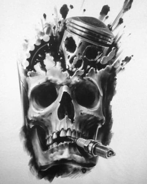 tatouage Motocross Tattoo, Piston Tattoo, Vintage Style Tattoos, Mechanic Tattoo, Skull Sleeve Tattoos, Motorcycle Tattoos, Bike Tattoos, Biker Tattoos, Skulls Drawing