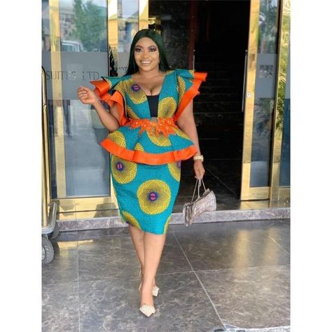 Ankara skirt and blouse style Skirt And Blouse Ankara Peplum Tops, Latest Peplum Styles, Ankara Peplum Top And Skirt, Zulu Attire, Skirts And Blouses, Ankara Skirt Styles, Tailored Dresses, Ankara Peplum Tops, Ankara Skirts