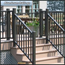 Black aluminum railing system Black Iron Railing, Entry Railing, Grey Decking, Porch Railing Ideas, Outdoor Railings, Front Porch Stairs, Aluminum Railings, Deck Stair Railing, Backyard Decks