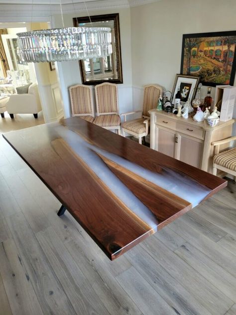 Smokey White Epoxy Black Walnut Dining Table Walnut Kitchen Table, Walnut Tables, Black Walnut Table, Epoxy River Table, River Tables, Walnut Kitchen, Reclaimed Wood Table, Slab Table, Boardroom Table