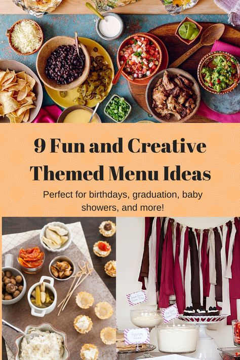 9 Fun and Creative Themed Menu Ideas Birthday Dinner Menu Ideas, Dinner Party Menu Ideas, Party Menu Ideas, Birthday Dinner Menu, Dinner Menu Ideas, Progressive Dinner, Thanksgiving Appetizer Recipes, Coctails Recipes, Thanksgiving Dinner Table