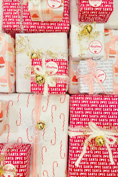 ig: @missjbever Gift Wrapping Station Ideas, Bright Christmas Wrapping, Pink And Green Christmas Wrapping, Pink And Brown Wrapping Paper Christmas, Pink And Red Christmas Wrapping Paper, Vintage Pink Christmas Wrapping Paper, Pretty Gift Wrapping Ideas, Christmas Stationary, Gift Wrapping Station