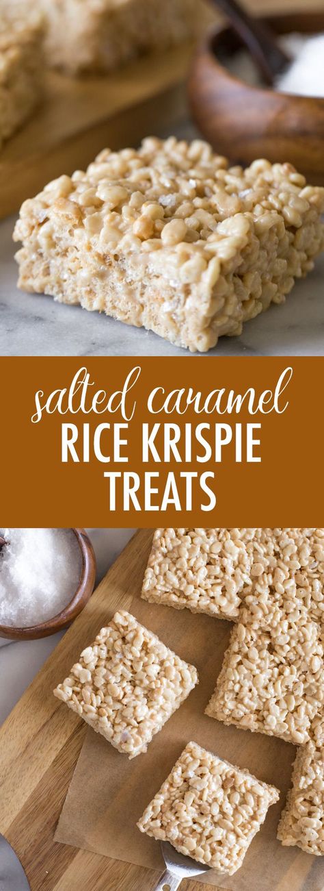 These Salted Caramel Rice Krispie Treats are just like the classic favorite but with an added buttery, salty caramel sauce that makes them totally amazing! #saltedcaramelricekrispietreats #saltedcaramel #ricekrispietreats #dessert Salted Caramel Rice Krispie Treats, Caramel Rice Krispie Treats, Homemade Salted Caramel, Salty Caramel, Krispie Treats Recipe, Rice Recipes For Dinner, Krispy Treats, Homemade Caramel Sauce, Rice Krispy