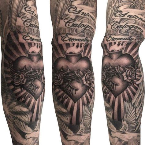 Sacred heart tattoo done by Martin #workproud #wearproud #7381KennedyRd Sacred Heart With Roses Tattoo, Sacred Heart Forearm Tattoo, Sacred Heart Tattoo Arm, Jesus Heart Tattoo, Sacred Heart Tattoo Stencil, Heart Tattoo Sleeve, Charleston Tattoo, Sacred Heart Tattoo Design, Sacred Heart Tattoo