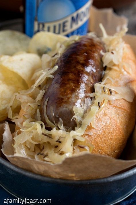 Bratwurst and Sauerkraut - A Family Feast® Bratwurst And Sauerkraut, Brats And Sauerkraut, How To Cook Bratwurst, Sauerkraut Sandwich, Brats Recipes, Bratwurst Recipes, German Food Authentic, Oktoberfest Food, Sauerkraut Recipes