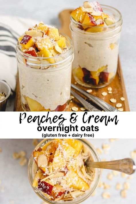 These overnight oats with peaches and cream recipe is a perfect way to enjoy summer peaches! They are gluten free, dairy free, and super healthy. #overnightoatsrecipe #dairyfreeovernightoats #peachrecipe #healthybreakfastideas Peaches And Cream Overnight Oats Healthy, Overnight Oats Summer, Overnight Oats With Peaches, Gluten Free Dairy Free Overnight Oats, Peach Overnight Oats Recipe, Peach Overnight Oats Healthy, Vegan Peach Recipes, Peaches Overnight Oats, Summer Overnight Oats