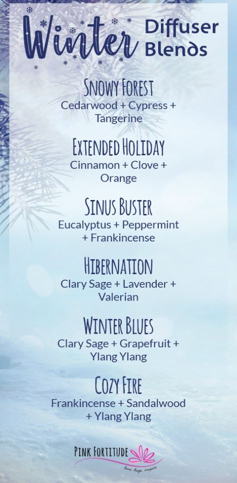 Cool winter hikes, freshly fallen snow, cozy fireplaces, warm cocoa... what are your favorite winter scents?  I've compiled six of my favorite winter diffuser blends to welcome winter and keep the cozy going! Winter Diffuser Blends, Spring Diffuser Blends, Diffuser Blends Young Living, Christmas Diffuser Blends, Fall Diffuser Blends, Winter Wellness, Essential Oil Diffuser Blends Recipes, Winter Scents, Welcome Winter