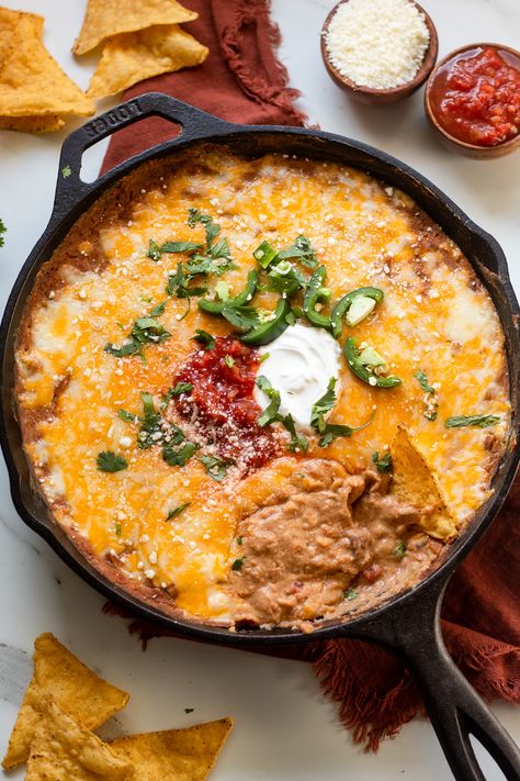 Refried Beans For A Crowd, Hot Bean Dip, Mexican Refried Beans, Mexican Bean Dip, Easy Bean Dip, Skillet Dip, Refried Bean Dip, Bean Nachos, Refried Bean