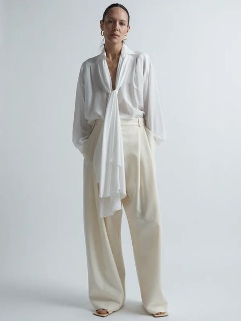 RAEY: Tie Neck Shirt, Crepe Blouse, Long Overcoat, Evening Tops, Pretty Blouses, Ivory Silk, Tie Blouse, Dress Trousers, Tie Neck