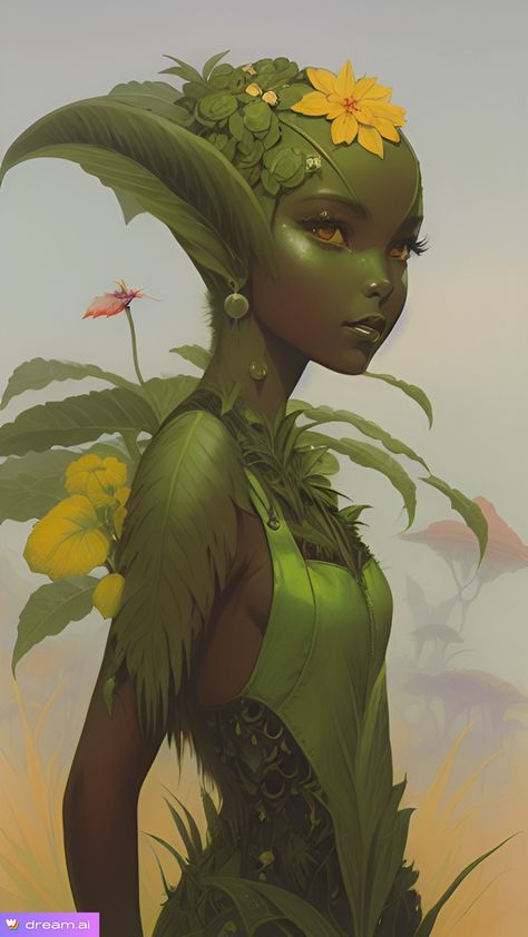 Female Plant Character, Flower Dryad Art, Plant Spirits, Plant Person Art, Solar Punk Character, Plant People Character Design, Plant Person Character, Nature Character Design, Plant Person