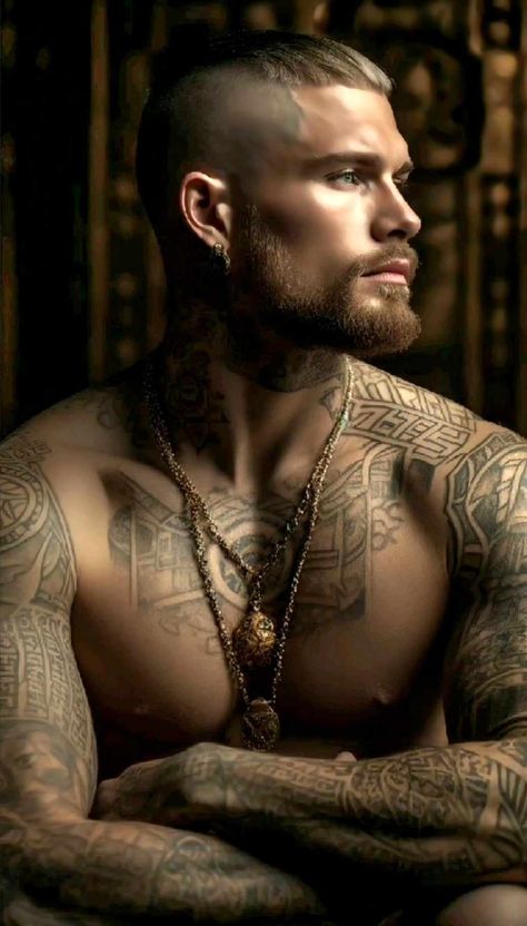 Celtic Warrior Tattoos, Tattooed Man, Male Artworks, Skull Sleeve Tattoos, Native American Pictures, Ripped Body, Gym Guys, Handsome Older Men, Beard Tattoo