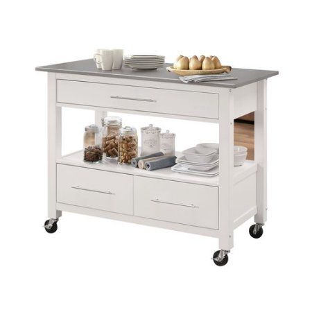 Acme Omar Kitchen Cart, Stainless Steel & White, Beige Steel Top Kitchen, Stainless Steel Kitchen Cart, White Kitchen Cart, Portable Kitchen Island, Rolling Kitchen Cart, Outdoor Kitchen Countertops, Rolling Kitchen Island, Kitchen Island Cart, White Kitchen Island