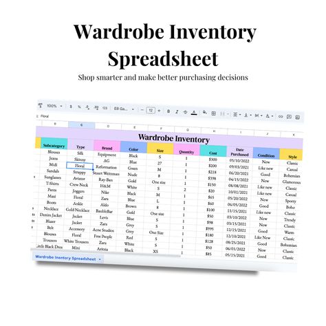 Wardrobe Inventory Spreadsheet: Keep Your Closet Organized | Wardrobe Inventory Spreadsheet, Clothing Inventory Spreadsheet, Wardrobe Inventory, Inventory Spreadsheet, Inventory Printable, Closet Inventory, Closet Organized, Printable Tags, Google Sheets