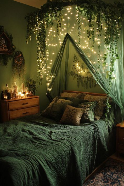 Cool Bedroom Themes, Bedroom Green Theme, Elf Bedroom Aesthetic, Green Witchy Bedroom Aesthetic, Fairy Style Bedroom, Goth Green Room, Enchanting Bedroom Ideas, Nature Aesthetic Room Decor, Fire Room Aesthetic