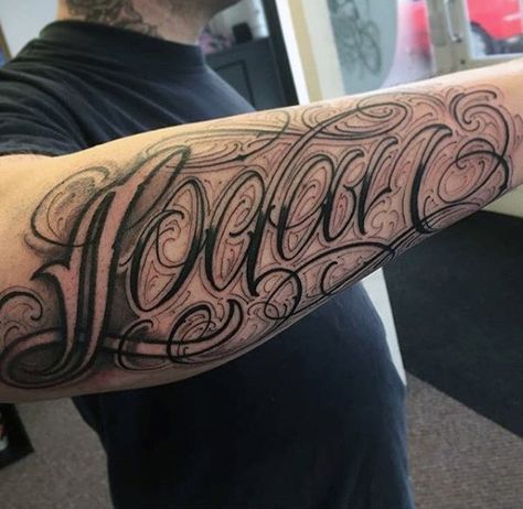 Stylish Fonted Lettering Tattoo Mens Forearms Arm Tattoos Lettering, Tattoo Font Styles, Best Tattoo Fonts, Tattoo Font For Men, Lettering Tattoos, Location Unknown, Omerta Tattoo, Alphabet Tattoo Designs, Tattoo Fonts Cursive