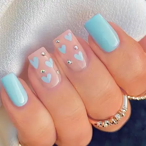 Faster shipping. Better service Press On Nails Blue, Turkey Nails, Kids Nail Designs, Square Press On Nails, Cute Nail Polish, Baby Blue Nails, Blue Hearts, Nails Blue, Blue Nail Designs