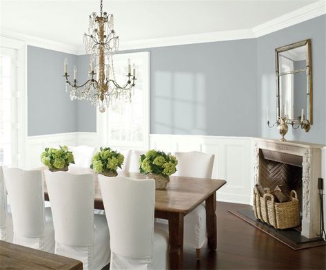 Blue Springs paint color Farmhouse Dining Room Paint, Wickham Gray, Benjamin Moore Gray, Dining Room Paint, White Chairs, Trending Paint Colors, Revere Pewter, Dining Room Colors, Favorite Paint Colors