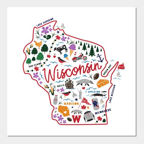 Wisconsin Hand-Drawn Icon Illustration -- Choose from our vast selection of art prints and posters to match with your desired size to make the perfect print or poster. Pick your favorite: Movies, TV Shows, Art, and so much more! Available in mini, small, medium, large, and extra-large depending on the design. For men, women, and children. Perfect for decoration. Wisconsin Art, Hand Drawn Icons, Photo Backdrops, Scrapbooking Cards, Doodle Illustration, Lake Superior, Hand Drawn Design, Lake Michigan, Photo Backdrop