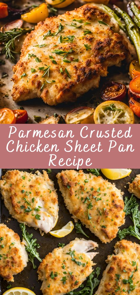 Parmesan Crusted Chicken Sheet Pan Recipe | Cheff Recipes Pan Dinners Sheet Chicken, Italian Oven Baked Chicken, Food Recipes For Dinner Healthy Simple, Baked Sheet Pan Chicken, Parmesan Chicken Sheet Pan Dinner, Sheet Pan Parmesan Chicken, Chicken Pan Meals, One Pan Chicken Recipes Easy, Toaster Oven Chicken Recipes