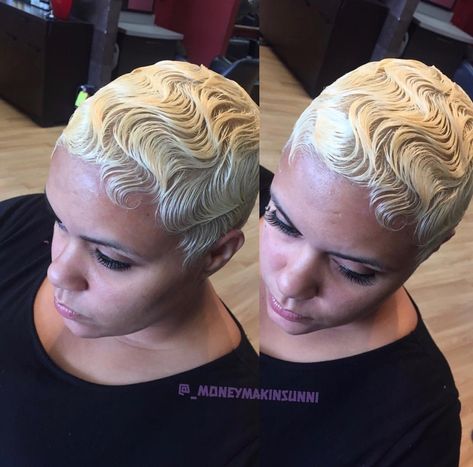 Making waves 🌊 #wavesfordays Finger Waves Short Hair Blonde, Color Finger Waves Black Women, Platinum Blonde Finger Waves, Short Finger Waves, Blond Finger Waves For Black Women, Blonde Finger Waves, Hire Color, Flipped Out Bob, Finger Wave