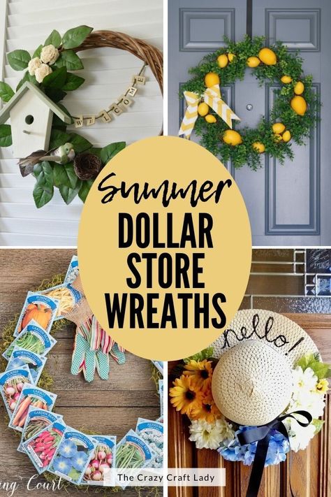 Beautiful Dollar Store Summer Wreaths – These gorgeous DIY wreaths were all made from supplies that you can find at your local dollar store! Genius and inexpensive dollar store summer decor ideas. Summer Wreath Diy Summertime, Dt Wreath Ideas, Dollar Tree Wreath Ideas Spring, May Wreath Ideas, Dollar Store Wreath Ideas, Dollar Tree Crafts Wreaths & Garlands, Summer Front Door Wreaths Diy, Easy Door Wreaths Diy, Diy Dollar Tree Wreath Spring