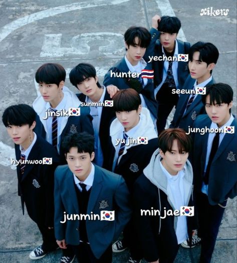 Kard Members Names, Xikers Group Photo W Names, Seventeen Group Photo With Names, Nct Members Names, Seventeen Names, Seventeen Members Names, Kpop Group Names, Name Photo, Concert Fits