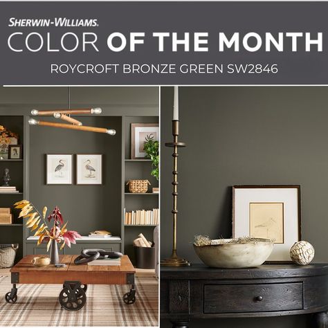 One of Sarah’s personal favorites, Roycroft Bronze Green steals the show as @sherwinwilliams March Color of the Month. A green that reads as a neutral- yes please. Did you know we offer single day design services to help you select paint colors, flooring, and more for your own renovation? #roycroftbronzegreen #roycroft #sherwinwilliams #paint #wallcolor #painting #interiordesign Dark Olive Sherwin Williams, Rock Wood Dark Green Sherwin Williams, Crooked River Sherwin Williams, Greenish Brown Paint Colors, Downing Earth Sherwin Williams, Sw Retreat Bedroom, Warm Green Paint Colors Sherwin Williams, Muddled Basil Sherwin Williams, Moody Sherwin Williams Paint Colors