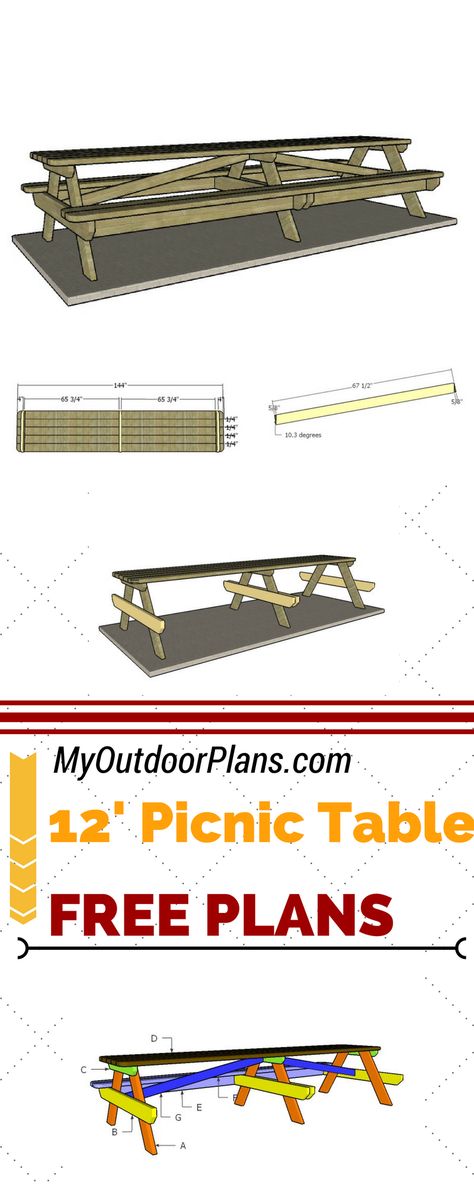 Check out free plans for building a 12 foot picnic table.  Learn how to build a large picnic table so you can party with your family or group of friends in your very own backyard. See step by step plans at myoutdoorplans.com #diy #picnictable Large Picnic Table, Backyard Table, Woodworking Plans Patterns, Large Picnic, Picnic Table Plans, Living Pool, Woodworking Plans Pdf, Outdoor Furniture Diy Easy, Woodworking Plans Beginner