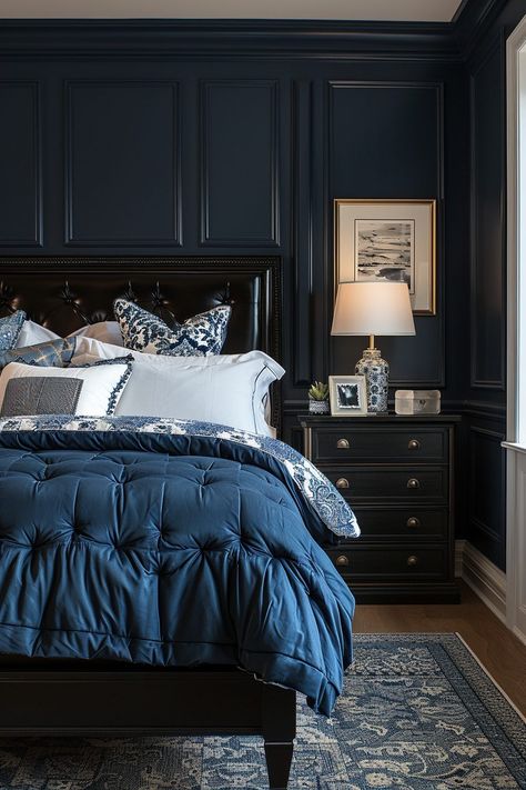 29 Dark Aesthetic Decor Ideas To Transform Your Room With Elegance | Dark Lounge, Navy Accent Walls, Bedroom Wall Ideas, Navy Bedrooms, Navy Blue Bedrooms, Blue Bedroom Walls, Blue Bedroom Design, Blue Bedroom Ideas, Dark Bathrooms