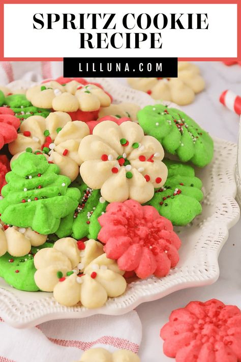 This buttery sweet spritz cookie recipe is festive and fun to make, a pressed cookie adaptable to any occasion with various shapes and colors! #spritzcookies #cookies #christmascookies #christmastreat #dessert Buttery Spritz Cookies, Spritz Cookie Press, Butter Spritz Cookies, Christmas Spritz Cookies, Spritz Cookie, Christmas Afternoon Tea, Butter Homemade, Spritz Cookie Recipe, Pinwheel Cookies