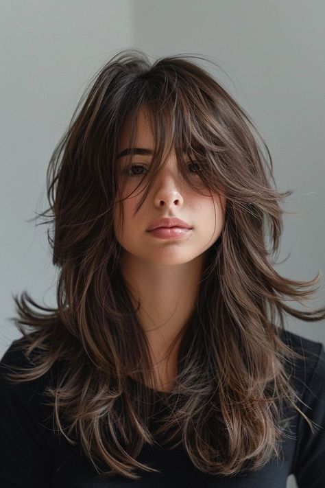 Long Wolf Haircut With Bangs, Hair Cut For Oval Shape Girl Long Hair, Hair Cuts Bangs Long, Brown Shaggy Hair, Werewolf Haircut, Thick Wavy Hair, Shaggy Haircuts, Hair Inspiration Long, Haircuts For Wavy Hair