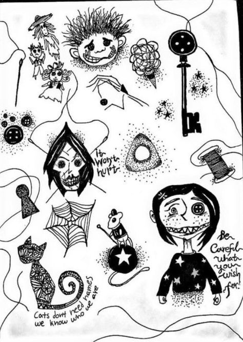 Tiny Goth Tattoo, Coraline Cat Tattoo, Small Coraline Tattoo, Tim Burton Flash Tattoo, Small Gothic Tattoos, Gothic Flash Tattoo, Cute Creepy Tattoos, Coraline Flash Tattoo, Coraline Flash