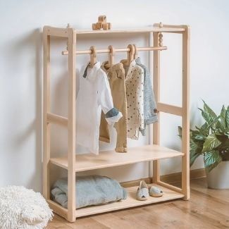 Montessori Wardrobe, Wardrobe Dimensions, Kids Clothing Rack, Plywood Shelves, Open Wardrobe, Montessori Furniture, Wood Clothes, Kids Wardrobe, Wooden Hangers