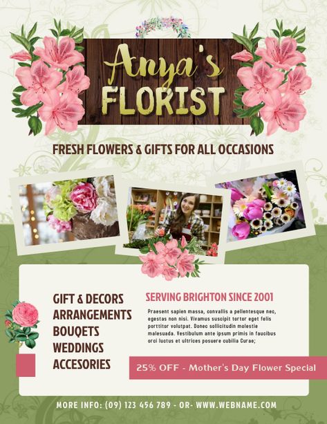 Customize this Small Business Flyer (US Letter) Template Flower Shop Flyer, Anchor Flower, Wedding Accesories, Business Flyers, Cheap Flowers, Flower Shops, Loch Lomond, Gift Business, Mothers Day Flowers