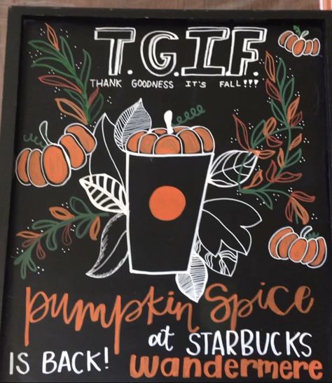 Starbucks Signs Chalk Fall, Fall Coffee Sign Ideas, Fall Chalkboard Coffee Shop, Partner Of The Quarter Starbucks Board, Starbucks Fall Board, Fall Chalkboard Art Starbucks, Fall Coffee Board, Fall Menu Board, Coffee Shop Fall Decor