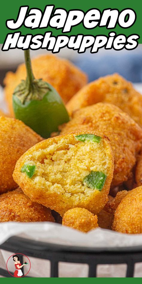 Southern Hush Puppies with Jalapeno and Onion are crispy and spicy with a tender interior. A must have for any Southern-inspired seafood meal! Jalapeno Hush Puppies Recipe Easy, Jalapeño Hush Puppies, Jalapeno Hush Puppies, Easy Hush Puppy Recipe, Southern Hush Puppies, Hush Puppies Recipe, Hush Puppy, Restless Chipotle, Popular Side Dishes