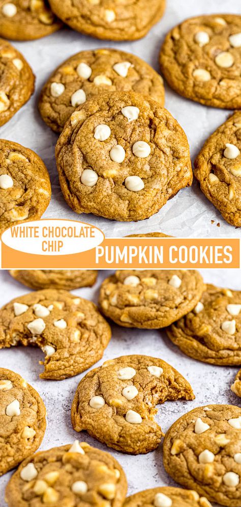 These White Chocolate Chip Pumpkin Cookies are the perfect cookies for fall. They're soft, chewy and packed with delicious pumpkin and spice flavour! | queensleeappetit.com #cookies #pumpkincookies #chocolatechipcookies #pumpkin Pumpkin Christmas Recipes, Pumpkin Flavoured Desserts, Pumpkin Cookies With Cream Cheese Chips, Pillsberry Pumpkin Cookies, Pumpkin Spice White Chocolate Chip Cookies, Pillsbury Pumpkin Cookies Recipe, Pumpkin Hermit Cookies, Pumpkin White Chip Cookies, Pumpkin Cookies With White Chips