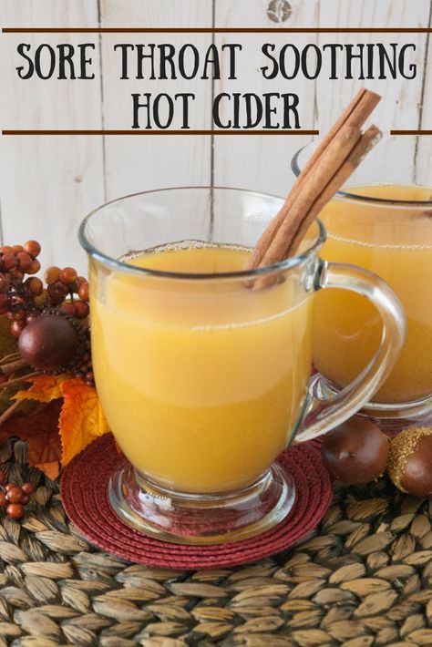 Sore Throat Soothing Hot Cider- Have you caught a cold this season and need something to warm you up and soothe that scratchy throat? Try this simple sore throat soothing hot cider! via @https://www.pinterest.com/mindeescooking/ #fallrecipes #homeremedies #homeremedy Drinks For Sore Throat, Spiced Cider Recipe, Throat Soothing, Caramel Apple Cider Recipe, Throat Tea, Hot Spiced Cider, Sore Throat Tea, Scratchy Throat, Throat Remedies