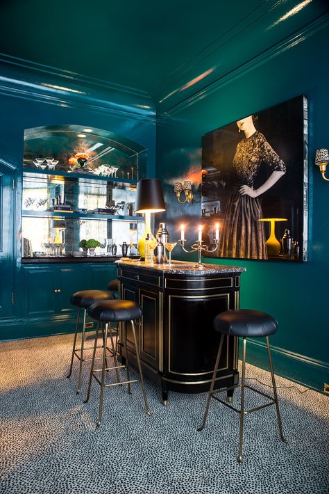 Home Bar Ideas, Hollywood Regency Home, San Francisco Interiors, Lacquered Walls, Chop Suey, Teal Walls, Custom Built Homes, Bar Ideas, Wet Bar