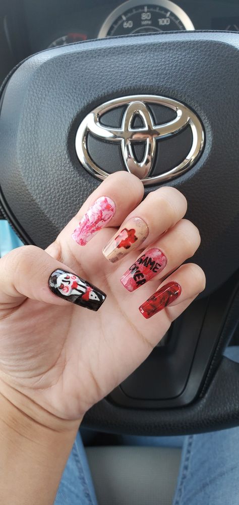 Jig Saw Nails, Saw Inspired Nails, Saw Movie Nails, Saw Halloween Nails, Jigsaw Nails Halloween, Saw Nails Halloween, Jigsaw Nails, Horror Movie Nails, Gore Nails