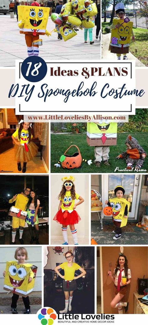 Spongebob Family Halloween Costumes, Sponge Bob And Patrick Costumes, Spongebob Diy Costume Women, Diy Spongebob Characters Costume, Spongebob Family Costume, Easy Spongebob Costume, Sponge Bob Costume, Homemade Spongebob Costume, Cute Spongebob Costume