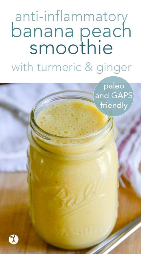 Anti-Inflammatory Banana Peach Smoothie with ginger & turmeric #smoothie #antiinflammatory #gapsdiet #paleo #vegetarian #banana #peach #ginger #turmeric Antiinflammatory Smoothies, Smoothie Antiinflammatory, Ginger Turmeric Smoothie, Smoothie With Ginger, Cafeteria Kitchen, Peach Banana Smoothie, Bar Pictures, Paleo Vegetarian, Anti Inflammation Recipes