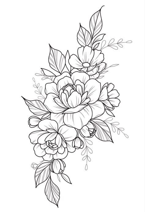 Large Tattoo Drawings, Mandala Flowers Tattoo Design, Peony Tattoo Stencil Outline, Girly Flower Tattoos, Floral Tattoo On Back, Vine Floral Tattoo, Flower Sleeve Tattoo Stencil, Floral Tattoo Outline, Flower Tattoos Stencil