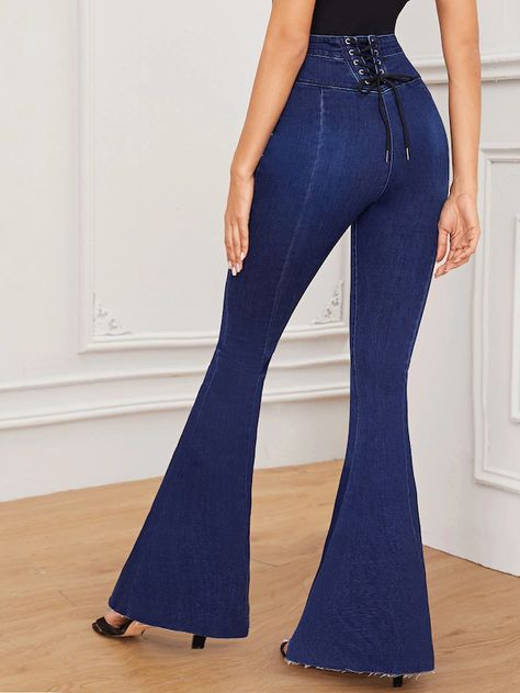 Lace-up Back Frayed Hem Flare Jeans | SHEIN Punjabi Suits Designer Boutique, Latest Jeans, Denim Chic, How To Hem Pants, Bell Bottom Pants, Type Of Pants, Shein Style, Denim Fabric, Jeans Style