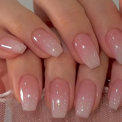 🌈✨ Elevate your nail game with these stunning gradient pink glitter press-on nails! Featuring a chic trapezoid shape and short coffin design, these medium-sized acrylic nails are perfect for adding a touch of sparkle to your spring and summer looks. Easy to apply and oh-so-glamorous! 💅💕 #GradientNails #GlitterNails #PressOnNails #NailArtMagic Ombre On Natural Nails, Cute Bridesmaid Nails, Wedding Nail Inspo Bridesmaid, Classy Old Money Nails, Light Pink Wedding Nails, Short Nail Overlay Ideas, Pink Dipped Nails, Nude Ombré Nails, Gel Nails Medium