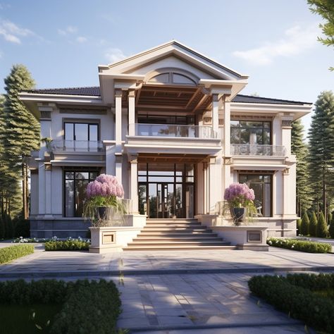 Modern wooden houses in neoclassical style Neoclassical House Exterior, Neoclassical Architecture House, Modern Neoclassical Architecture, Beautiful Courtyards, Beautiful Mansion, Neoclassical House, Modern Wooden House, Loft House Design, House Facade